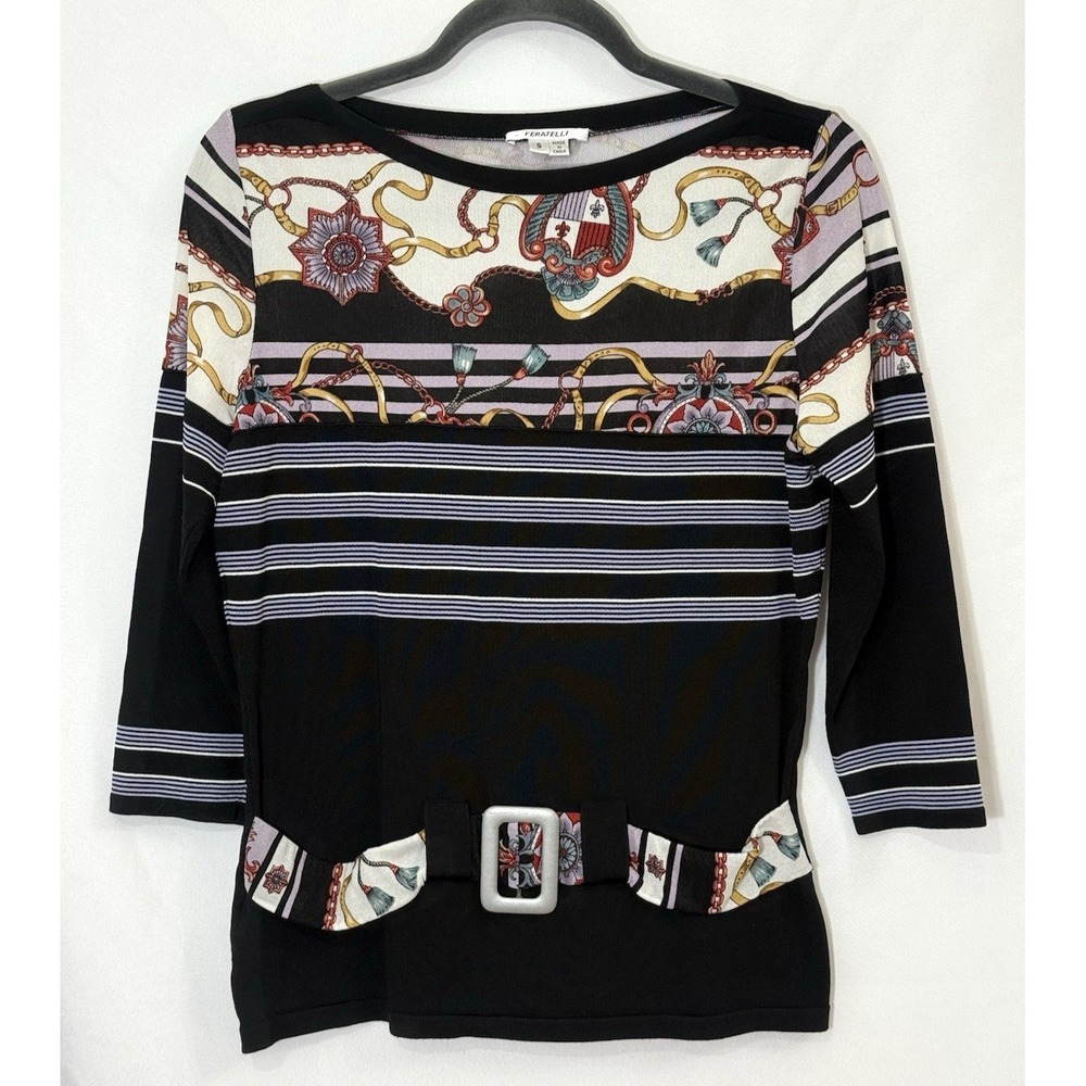 Feratelli Art to Wear Pullover Stripe Faux Belt Black Shirt Blouse Womens Size S